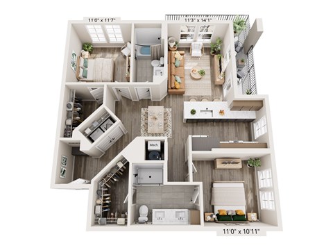 Floor plan for 2 beds, 2 baths, 1117 sqft